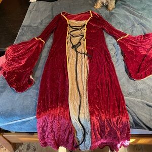 Red and Gold Velvet Dress with Bell Sleeves